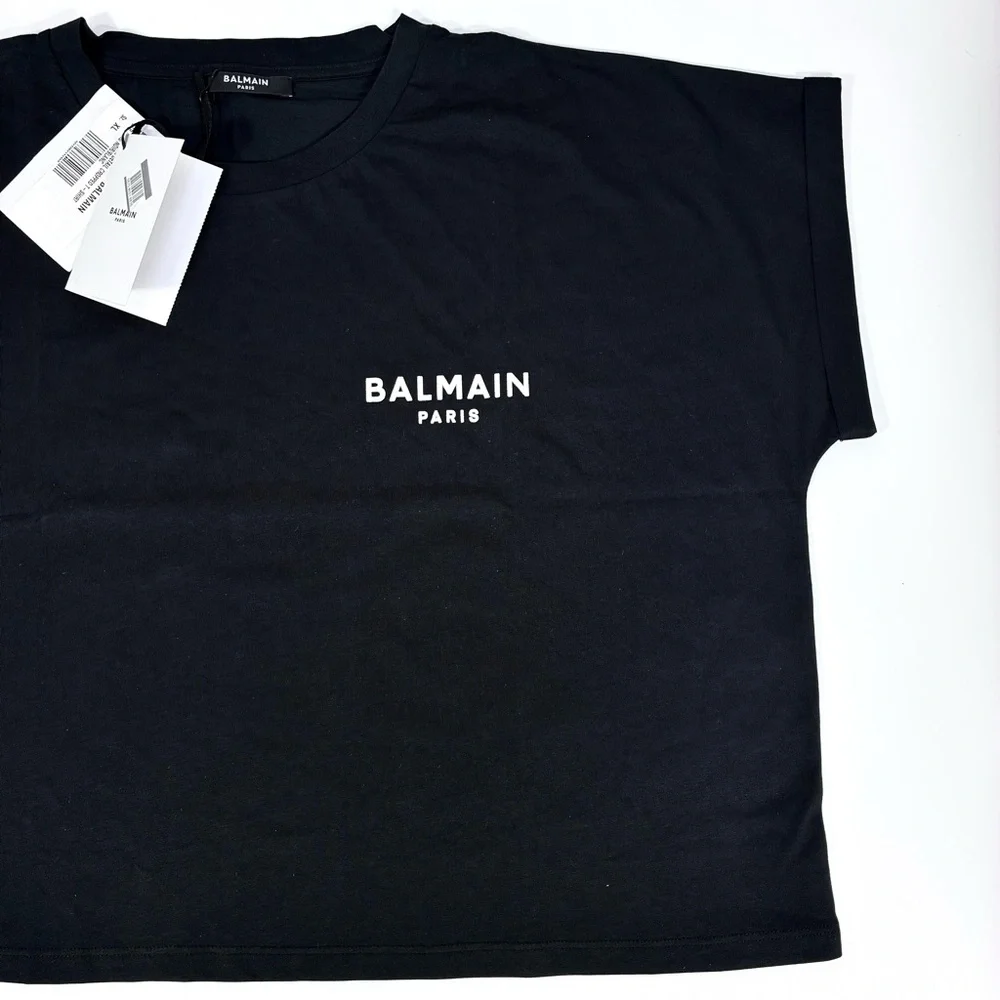 Balmain Cropped Eco-Designed Cotton T-Shirt Tee Flocked Logo Black XL NWT - Picture 13 of 14